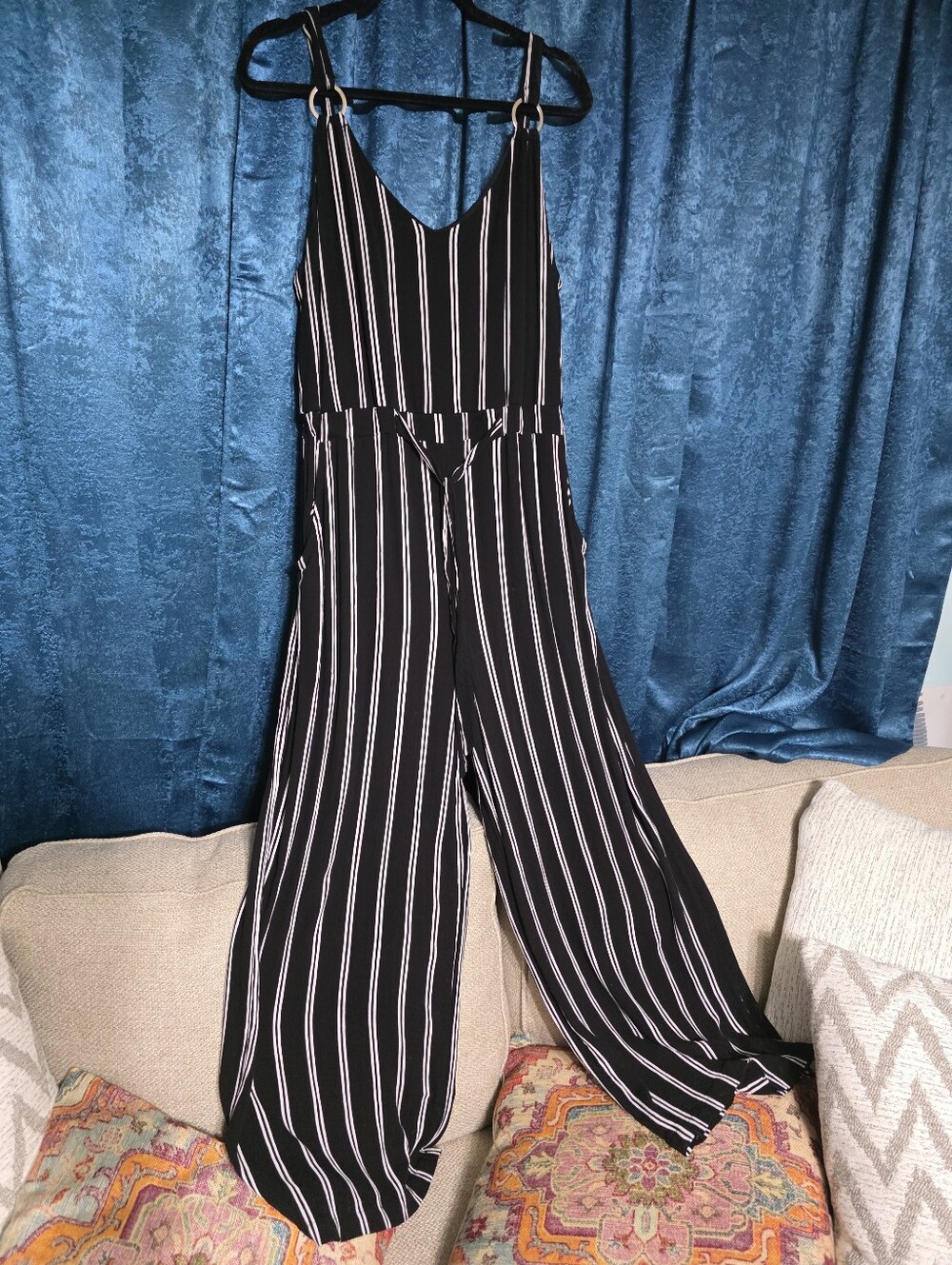 No Boundaries Black Striped V-Neck Jumpsuit